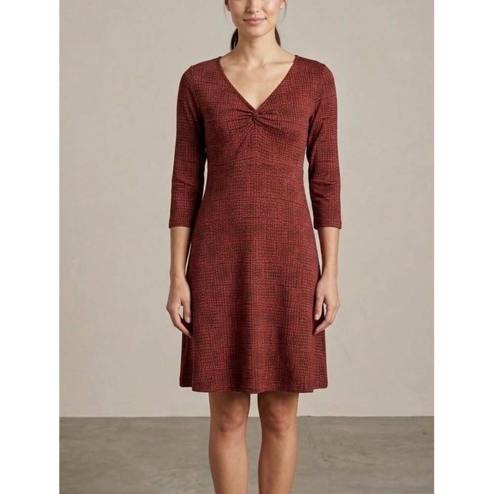 Toad&Co Burgundy Geometric Print A-Line Dress Small 3/4 Sleeve Organic Earthy